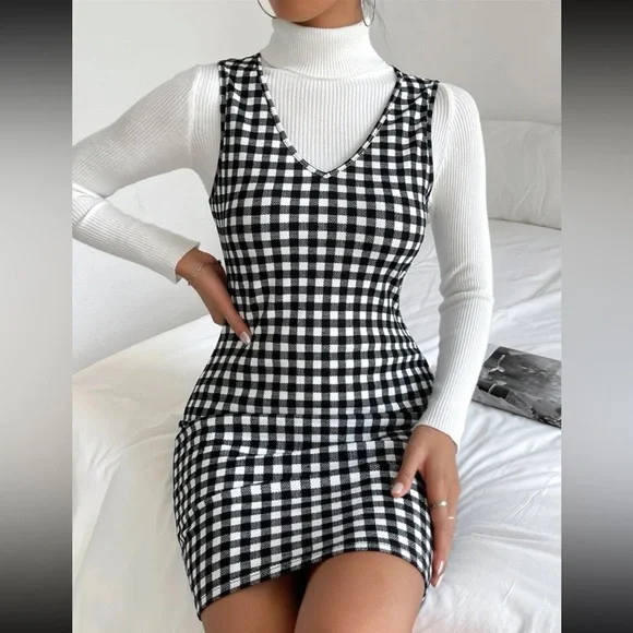 Classic Gingham Print Bodycon Fitted Pencil Dress Without Top Black White
